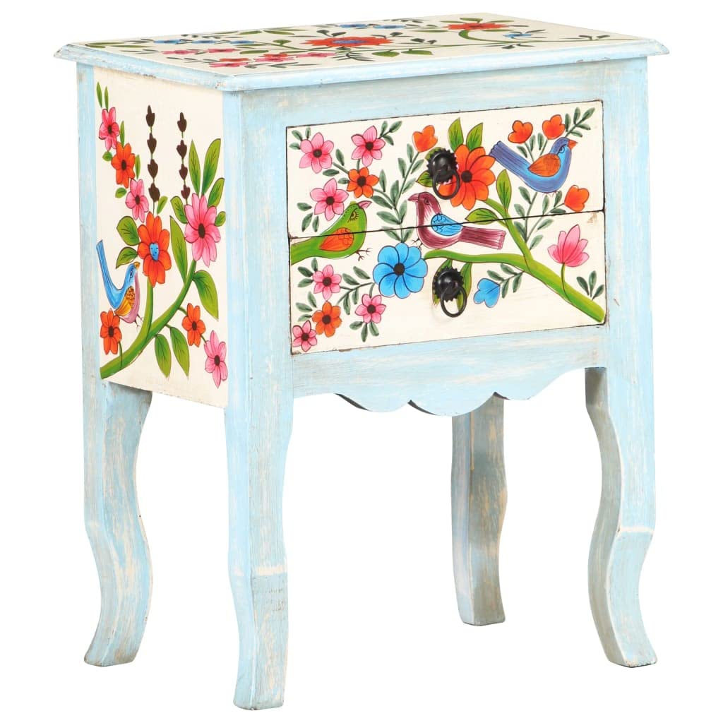 vidaXL Solid Mango Wood Hand Painted Bedside Cabinet Telephone Nightstand Telephone Stand Storage Home Decor Interior Wooden Side Bed Furniture